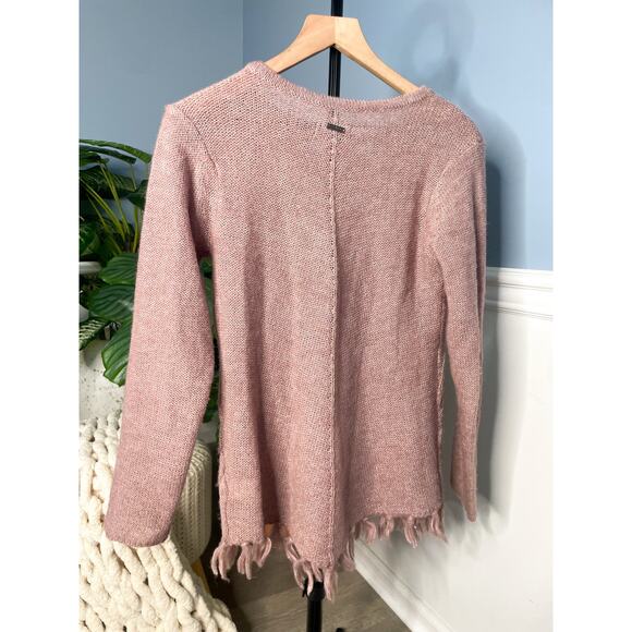 Prana Shelby Pink Fringe Poncho Sweater XS Cable Knit Pom Hem Cottagecore - Picture 8 of 11